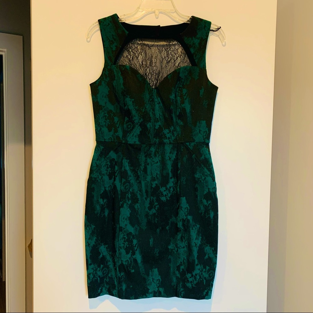 Aidan Mattox Green and Black Lace-Accent Mini Dress